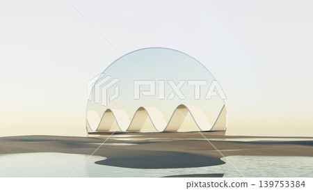 3d render, Abstract glass sphere with ribbon wave on calm desert landscape and water 3d render, Abstract glass sphere with ribbon wave on calm desert landscape and water 139753384