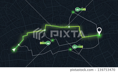 Green neon navigation path on dark city map with taxi time indicators and alternate routes. Vector illustration. Green neon navigation path on dark city map with taxi time indicators and alternate routes. Vector illustration. 139753470