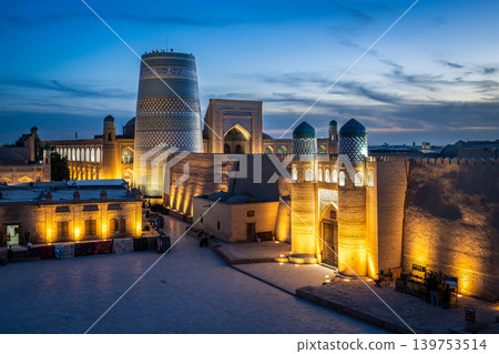 Ichan Kala night view and Kalta Minor in Khiva, a UNESCO World Heritage Site, Uzbekistan Ichan Kala night view and Kalta Minor in Khiva, a UNESCO World Heritage Site, Uzbekistan 139753514