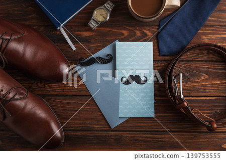 Father's Day concept flat lay with greeting card and accessories 139753555