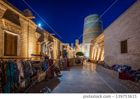 Ichan Kala night view and Kalta Minor in Khiva, a UNESCO World Heritage Site, Uzbekistan 139753615