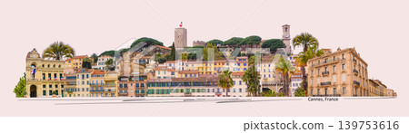 Cannes, France. Panoramic view of the castle and historical buildings of the old town - collage Cannes, France. Panoramic view of the castle and historical buildings of the old town - collage 139753616