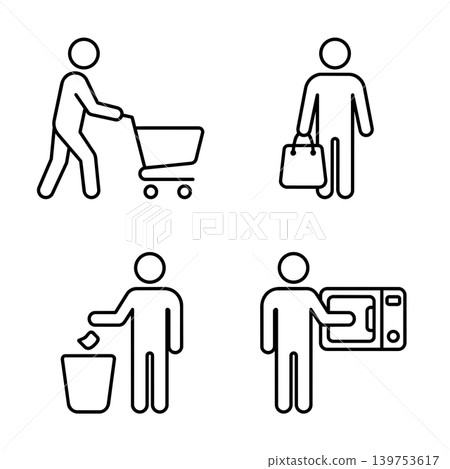 Line art stick figure icon set of supermarket or convenience store customer activities. Shopping cart, bag, throwing trash, and using microwave. Line art stick figure icon set of supermarket or convenience store customer activities. Shopping cart, bag, throwing trash, and using microwave. 139753617
