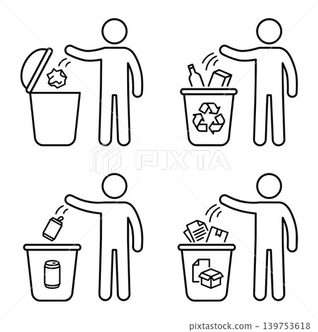 Line art stick figure throwing garbage into trash and recycling bins icon set. Vector illustration of waste sorting and environmental protection. Line art stick figure throwing garbage into trash and recycling bins icon set. Vector illustration of waste sorting and environmental protection. 139753618