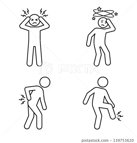 Line art stick figure icon set showing body pain: headache, dizziness, backache, and leg injury. Line art stick figure icon set showing body pain: headache, dizziness, backache, and leg injury. 139753620