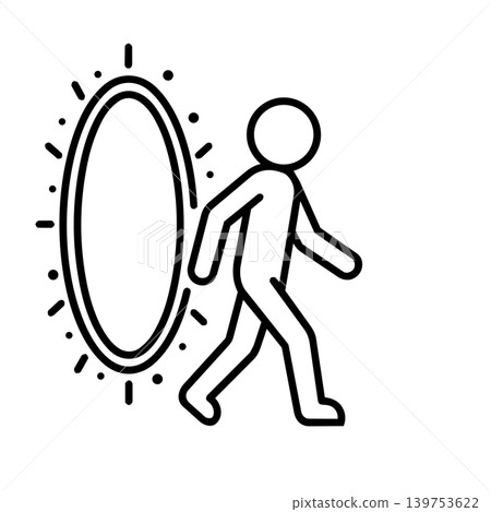 Man stepping through portal stick figure icon, minimalist line art of person mid transition inside futuristic glowing ring for digital transformation, cloud migration, and time travel concept. Man stepping through portal stick figure icon, minimalist line art of person mid transition inside futuristic glowing ring for digital transformation, cloud migration, and time travel concept. 139753622