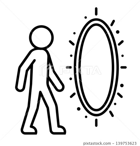 Man walking to portal stick figure icon, minimalist line art of person approaching futuristic glowing ring for digital transformation, cloud migration, and time travel concept. Man walking to portal stick figure icon, minimalist line art of person approaching futuristic glowing ring for digital transformation, cloud migration, and time travel concept. 139753623
