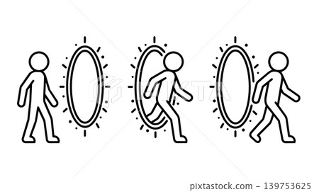 Man walking through portal stick figure icon set vector. Person step into futuristic glowing ring for digital transformation, time travel, and cloud migration concept Man walking through portal stick figure icon set vector. Person step into futuristic glowing ring for digital transformation, time travel, and cloud migration concept 139753625