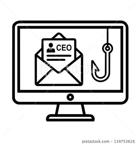 CEO fraud and business email compromise BEC cyber attack icon, minimalist line art of computer monitor showing mail envelope with executive profile and fish hook for corporate social engineering scam CEO fraud and business email compromise BEC cyber attack icon, minimalist line art of computer monitor showing mail envelope with executive profile and fish hook for corporate social engineering scam 139753628