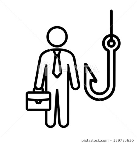 Businessman and phishing hook cyber attack icon, minimalist line art of employee with briefcase standing by fish hook for social engineering corporate scam, and network security concept. Businessman and phishing hook cyber attack icon, minimalist line art of employee with briefcase standing by fish hook for social engineering corporate scam, and network security concept. 139753630