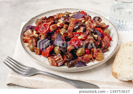 a plate of Sicilian caponata, vegetable stew, Italian cuisine, homemade, no people, 139753637