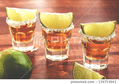Slices of fresh lime on tequila glasses placed on a wooden table, in daylight, no people Slices of fresh lime on tequila glasses placed on a wooden table, in daylight, no people 139753641