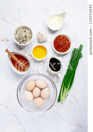 ingredients for marinating eggs, Mayak Gyeran, are laid out on a bright table, top view, no people, 139753642