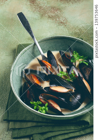 mussels in shells, in creamy garlic sauce, mussels in bechamel sauce, homemade, no people, 139753646