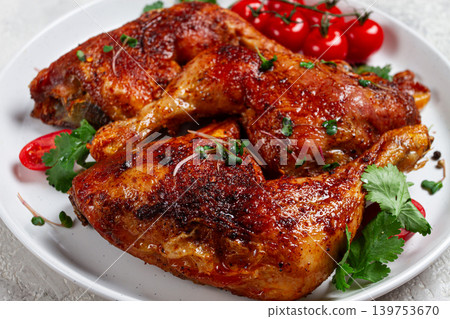 grilled fried chicken legs, served, with fresh cherry tomatoes, and herbs, on a white plate, homemade, no people, grilled fried chicken legs, served, with fresh cherry tomatoes, and herbs, on a white plate, homemade, no people, 139753670