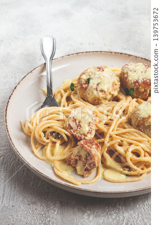 spaghetti with chicken meatballs, with cream sauce, and parmesan cheese, and decorated with microgreens, homemade, no people, spaghetti with chicken meatballs, with cream sauce, and parmesan cheese, and decorated with microgreens, homemade, no people, 139753672