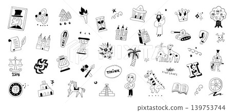 History doodles hand drawn objects and characters for kids education , isolated vector elements History doodles hand drawn objects and characters for kids education , isolated vector elements 139753744