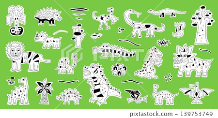 Dinosaurs wild animals doodles vector illustration set 139753749