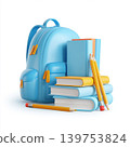 Bright glossy illustration of a blue backpack with stacked books and pencils symbolizing education, knowledge, learning and back-to-school preparation for students and classrooms. 139753824
