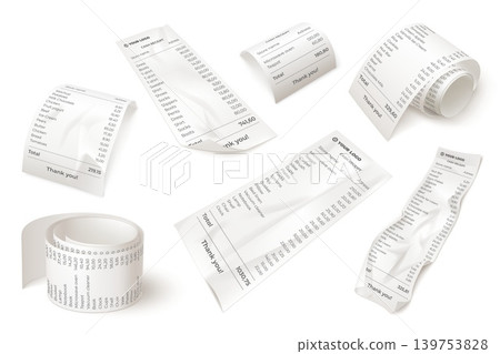 Realistic receipt bills. 3d purchase paper check crumpled paper invoice supermarket shop cashier list pos machine payment print voucher cheque ticket set garish vector illustration Realistic receipt bills. 3d purchase paper check crumpled paper invoice supermarket shop cashier list pos machine payment print voucher cheque ticket set garish vector illustration 139753828