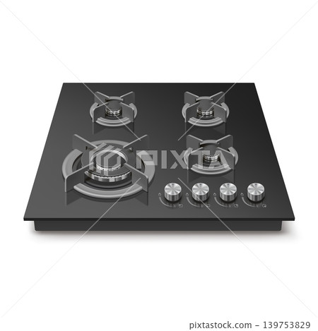 Realistic cooktop. 3d gas stove plate mockup, kitchen appliance cooker gas burner modern hob cook top hot metal surface for cooking counter desk isolated garish vector illustration Realistic cooktop. 3d gas stove plate mockup, kitchen appliance cooker gas burner modern hob cook top hot metal surface for cooking counter desk isolated garish vector illustration 139753829