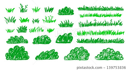 Crayon grass. Lawn hand drawn field nature garden meadow doodle green bush scribble forest sprout sketch texture stroke organic eco park environment qualitative vector illustration 139753836