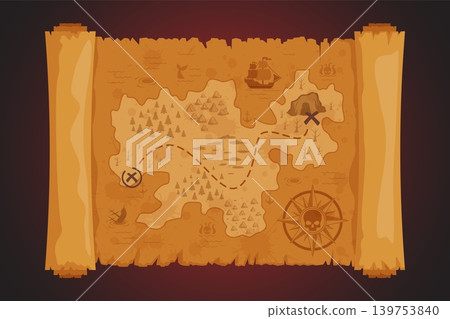 Game treasure map. Pirate treasures old parchment map, island hunt quest vintage paper ancient ship ocean sea nautical compass cross skull boat adventure, kicky vector illustration Game treasure map. Pirate treasures old parchment map, island hunt quest vintage paper ancient ship ocean sea nautical compass cross skull boat adventure, kicky vector illustration 139753840