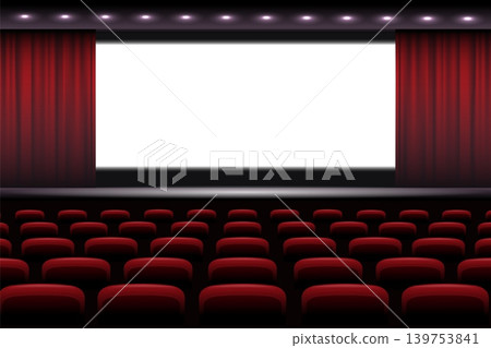 Cinema hall interior. Movie theater hall with red chairs row video screen stage, empty auditorium room film premiere presentation event armchairs seats, kicky vector illustration Cinema hall interior. Movie theater hall with red chairs row video screen stage, empty auditorium room film premiere presentation event armchairs seats, kicky vector illustration 139753841