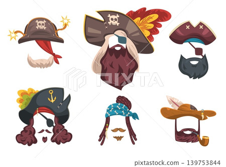 Pirate mask. Pirates face carnival costume, captain hat corsair bandana child disguise beard accessory cartoon avatar funny selfie photo filter character classy vector illustration Pirate mask. Pirates face carnival costume, captain hat corsair bandana child disguise beard accessory cartoon avatar funny selfie photo filter character classy vector illustration 139753844