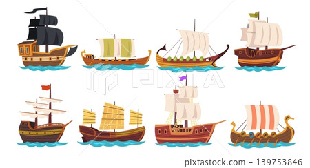 Old sailboat ships. Wooden ship cartoon ancient sail boat, pirate schooner vintage sea vessel ocean water warship galleon caravel historical transport classy vector illustration Old sailboat ships. Wooden ship cartoon ancient sail boat, pirate schooner vintage sea vessel ocean water warship galleon caravel historical transport classy vector illustration 139753846