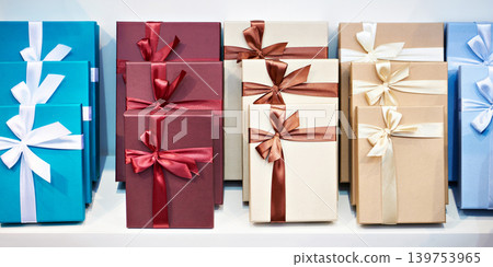 Gift boxes on store shelf Gift boxes on store shelf 139753965