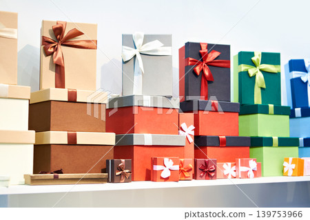 Gift boxes on store shelf Gift boxes on store shelf 139753966
