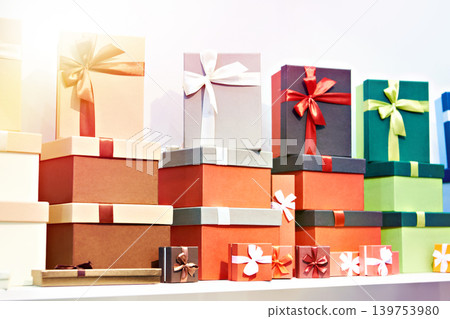 Gift boxes on store shelf Gift boxes on store shelf 139753980