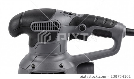 Close-up of a hand-held eccentric grinder on a light background. Power tools for wood grinding, repair, finishing, carpentry, construction and workshop. Close-up of a hand-held eccentric grinder on a light background. Power tools for wood grinding, repair, finishing, carpentry, construction and workshop. 139754101