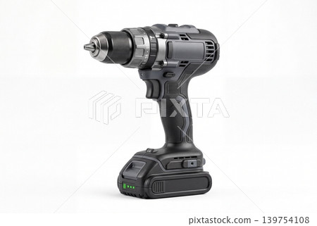 High-detail photo of a cordless drill driver with rechargeable battery, torque settings, and keyless chuck isolated on white background. Ideal for construction, repair, DIY, and hardware themes. 139754108