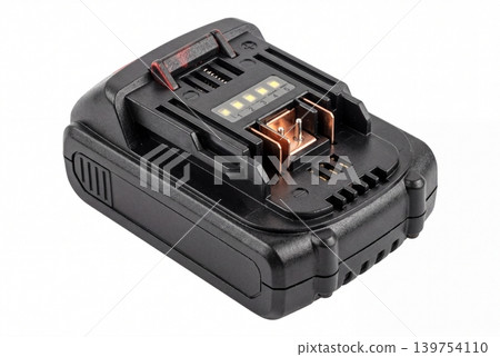 High-detail photo of a rechargeable battery pack for cordless power tools with contact terminals and charge indicator, isolated on white background. Ideal for construction, repair, energy. High-detail photo of a rechargeable battery pack for cordless power tools with contact terminals and charge indicator, isolated on white background. Ideal for construction, repair, energy. 139754110