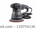 Modern random orbital sander with sanding disc and dust bag isolated on white background. Electric power tool for woodworking, polishing, finishing, renovation, repair and workshop use. 139754136