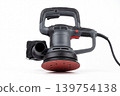 Powerful random orbital sander with sanding pad and dust bag isolated on white background. Electric tool for woodworking, surface finishing, renovation, repair, polishing and workshop tasks. 139754138