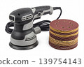 Electric orbital sander with stacked abrasive sanding discs isolated on white background. Professional power tool for woodworking, surface finishing, renovation, repair, and DIY projects. 139754143