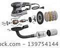 Detailed exploded view of an electric orbital sander with internal parts, sanding discs, dust bag, hose, screws, and motor components isolated on white background for repair and engineering concepts. 139754144