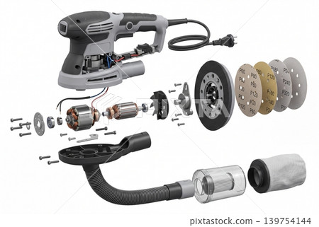 Detailed exploded view of an electric orbital sander with internal parts, sanding discs, dust bag, hose, screws, and motor components isolated on white background for repair and engineering concepts. Detailed exploded view of an electric orbital sander with internal parts, sanding discs, dust bag, hose, screws, and motor components isolated on white background for repair and engineering concepts. 139754144
