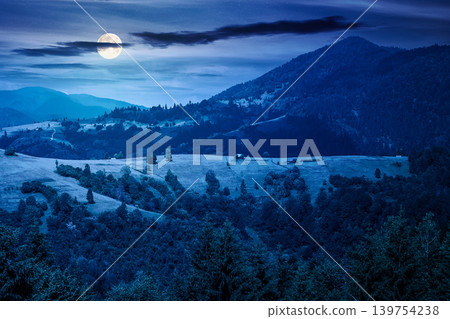 agricultural field on hillside in mountains near village at night. summer full moon. green carpathian mountain landscape. narrow view. remote alpine farmland scene. mysterious fantasy agricultural field on hillside in mountains near village at night. summer full moon. green carpathian mountain landscape. narrow view. remote alpine farmland scene. mysterious fantasy 139754238