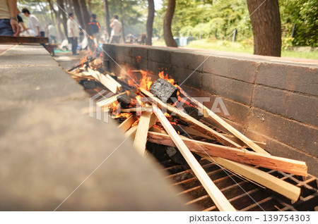 A scene of starting a fire using firewood and charcoal for an outdoor barbecue. A scene of starting a fire using firewood and charcoal for an outdoor barbecue. 139754303