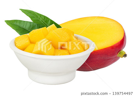 mango diced in ceramic bowl isolated on white background with full depth of field mango diced in ceramic bowl isolated on white background with full depth of field 139754497