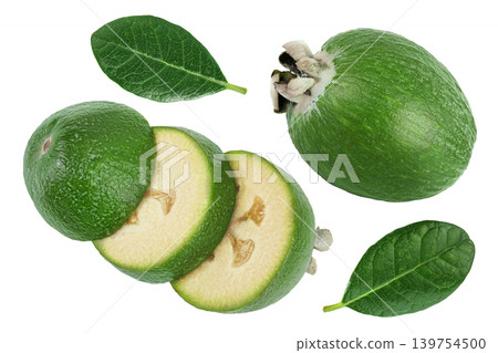 Feijoa fruit isolated on white background. Top view. Flat lay Feijoa fruit isolated on white background. Top view. Flat lay 139754500