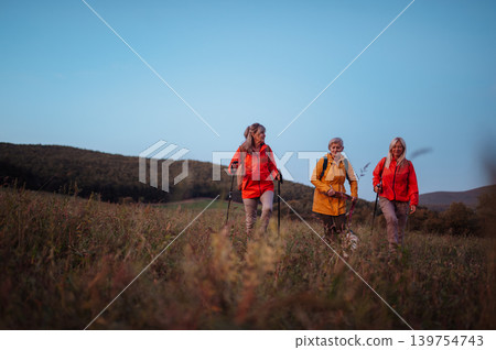 Senior female friends exploring nature together during golden hour. Senior female friends exploring nature together during golden hour. 139754743