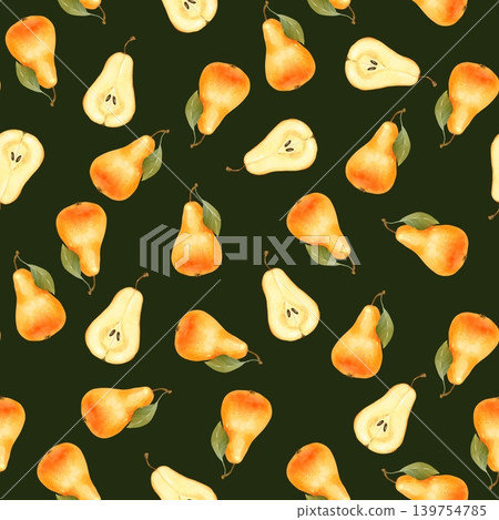 Hand-drawn illustration of a seamless pattern with whole and halved yellow pears and leaves on dark green background. Perfect for food packaging, kitchen decor, autumn themes, and digital paper Hand-drawn illustration of a seamless pattern with whole and halved yellow pears and leaves on dark green background. Perfect for food packaging, kitchen decor, autumn themes, and digital paper 139754785