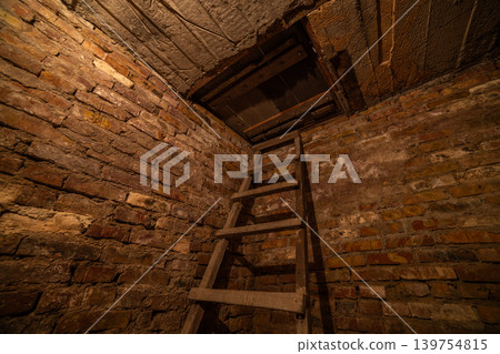 Rustic Wooden Ladder Against Aged Brick Wall in Cellar 139754815