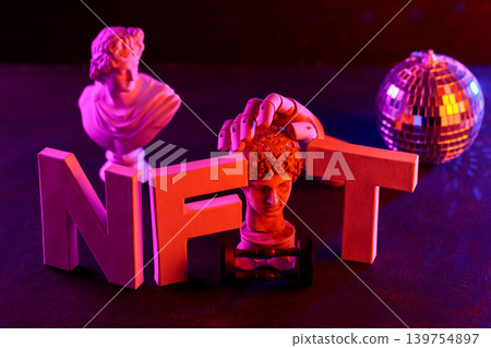 Classical sculpture with robotic hand and disco ball in neon lighting for NFT concept 139754897