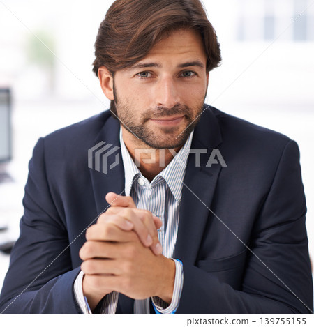 Portrait, office and businessman at desk with confidence, commitment and small business owner at startup. Professional career, happy face and entrepreneur with pride, project management and smile. 139755155
